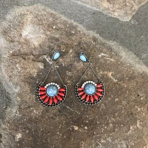 Stud hanging Turquoise and Coral half flower earrings